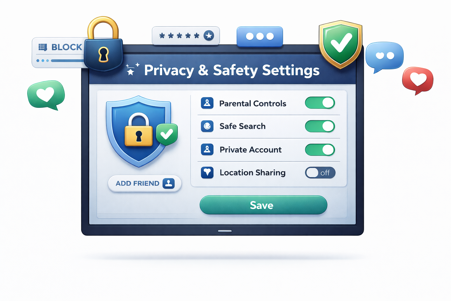 Privacy Safety Settings with parental controls, safe search, private accounts, location sharing, and more.